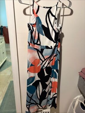 Sleeveless Abstract Floral Maxi Dress in White, Coral & Teal